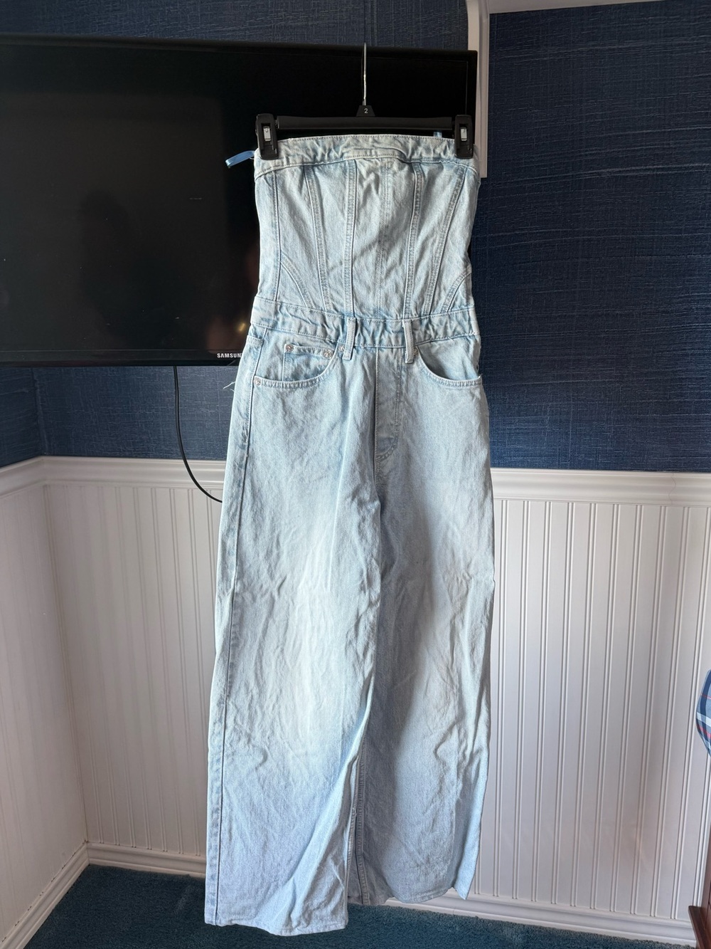 Zara Strapless Light Wash Denim Jumpsuit